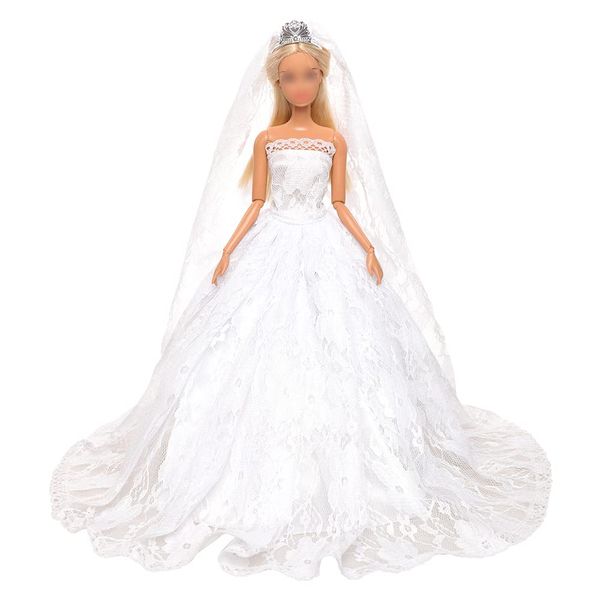 BARWA White Wedding Dress with Long Veil Evening Party Princess White Lace Gown Dress for 11.5 Inch Girl Doll