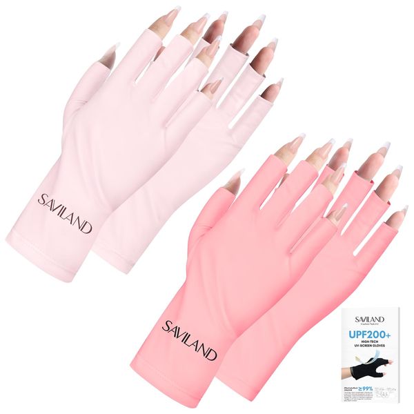 Saviland Anti U V Gloves for Nails - 2 Pairs UPF200+ High-tech UV Gloves for Gel Nails, Professional UV Protection Gloves for Gel Manicures Fingerless Gloves Hand and Skin Protector (Pinks/Light Pink)