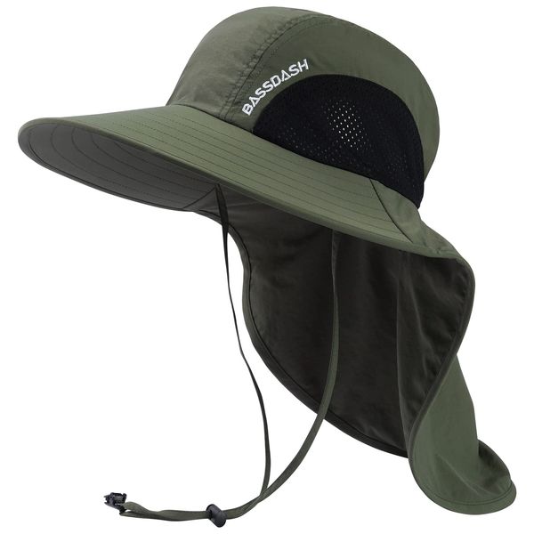 Bassdash Fishing Hat, UV Protection, Wide Brim, Hat with Neck Shade, Sun Hat, Water Repellent, Sweat Absorbent, Quick Drying, Includes Ponytail Hole, Fishing Hat, armygre