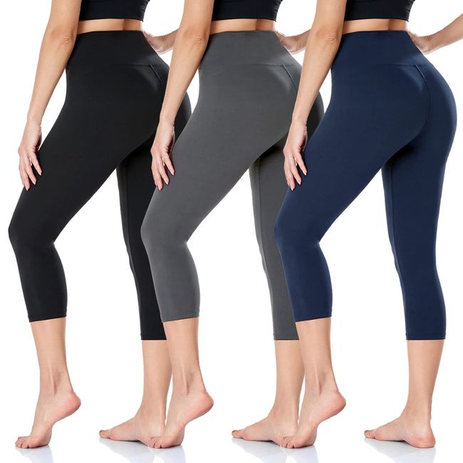 ACTINPUT Capri Leggings Damen 3/4 Leggins High Waist Elastische Blickdicht yogahose Sommer Blickdicht Sporthose Laufhose (L-XL, Schwarz/Dunkelgrau/Navy)