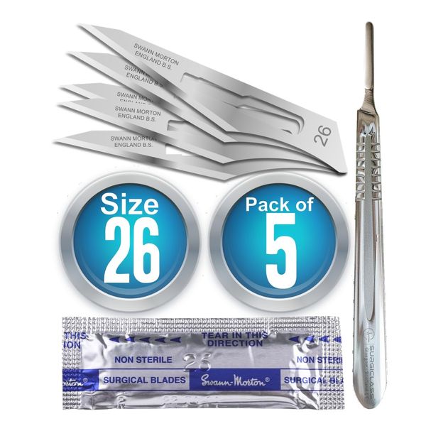 Surgical Blade No 26, Carbon Steel, Non Sterile, Pack of 5 with Holder No 4 SM265PK+4X1