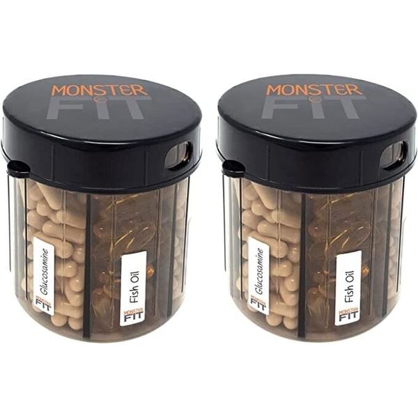 Monster Supplement Medication Pill Dispenser with Compartment Labels - 2 Pack