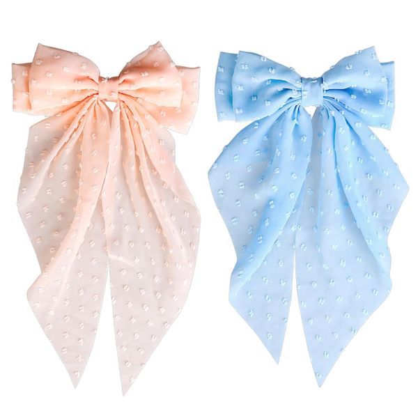 JYTDBCS Silky Satin Hair Bows, 2 PCS Big Pink/Blue Bow Hair Clips Set Bowknot Metal Spring Clip Oversized Long Tail Hair Ribbons Ponytail Holder French Hair Barrettes Hair Styling Accessories for Wome