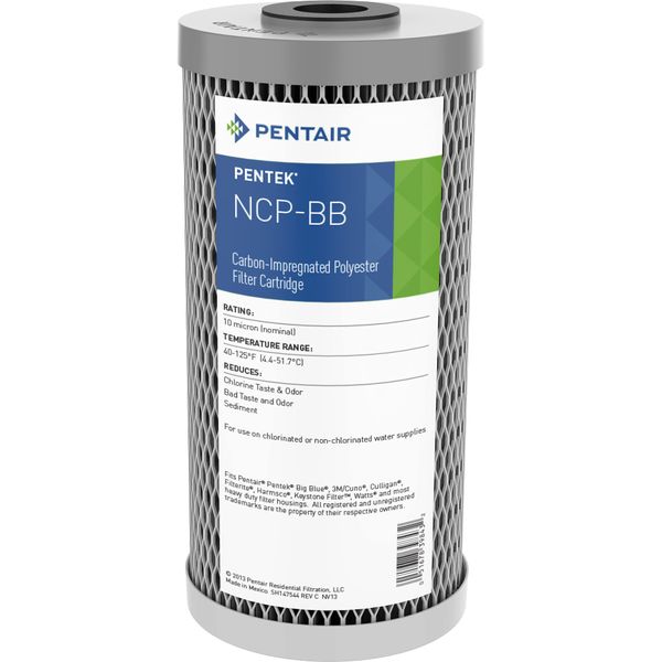 Pentair Pentek NCP-BB Big Blue Carbon Water Filter, 10-Inch, Whole House Non-Cellulose Carbon Impregnated Pleated Filter Cartridge, 10" x 4.5", 10 Micron