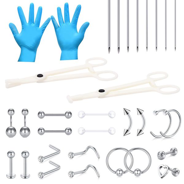 32PCS Body Piercing Kit, Silver Belly Button Piercing Bar Nose Studs Disponsable Piercing Clamps Piercing Needles Set for 316L Staineless Steel 14G 16G 18G 20G