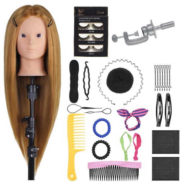 Mannequin Head with 50% Real Human Hair, 28 Inch Make up Cosmetology Manikin Practice Head with Hair,Braiding Hairdressing Doll Head for Hair Styling with Table Clamp + DIY Hair Styling Set