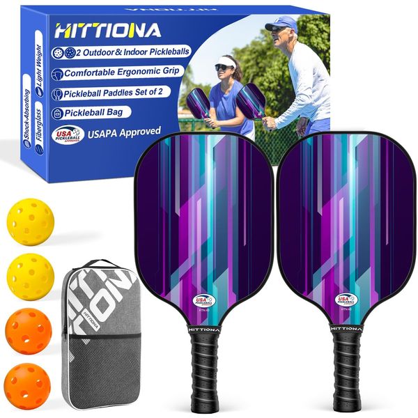 HITTIONA Pickleball Paddles - Fiberglass Pickleball Paddles Set of 2, USAPA Approved Pickle Ball Rackets 2 Pack with 4 Pickleball Balls, 1 Pickleball Bag, Paddles Ball Set for Beginners