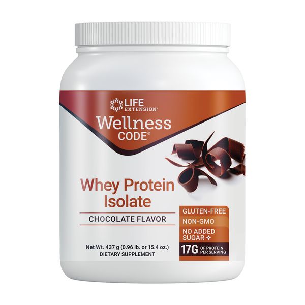 Life Extension Wellness Code® Whey Protein Isolate (Chocolate), Protein and branched-Chain Amino acids for Muscle Growth & Immune Health, no Sugar Added, Gluten Free, Non-GMO, 437 Grams, 20 Servings