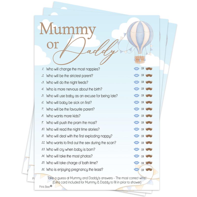 20 x Mummy or Daddy Baby Shower Games - Boys Blue Glitter Effect (20