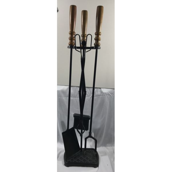 Vtg Blk Wrought Iron Fireplace Tool Set of 4 + Rack w/ Heafty Hard Wood Handles