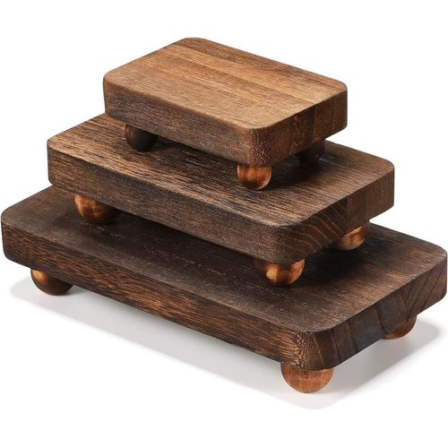 3 Pcs Wooden Risers for Display Wood Pedestal Stand Wooden Risers for Decor Farmhouse Vintage Rustic Riser Stackable Kitchen Wooden Stand Tray Riser, 3 Sizes (Brown,8 x 4.3, 6 x 3.5, 4 x 2.8 In)