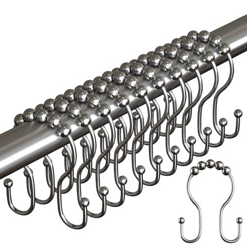 BigFoot Shower Curtain Hooks, Stainless Steel, Rust Resistant, Easy Installation & Smooth Glide, Fits Standard Shower Rods, 2 Hook Rings Hold Liners & Curtains, Showers Up to 72", 12 Pieces, Nickel