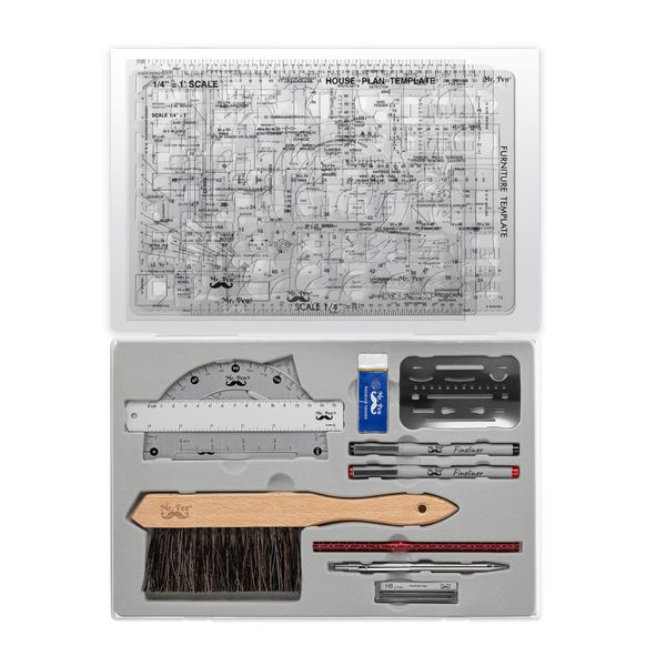 Mr. Pen- Professional Geometry Set, 17 Pcs, Architect Compass and Protractor Set, Interior Design Drafting Tools, Scale Ruler, Drawing Stencils, Metal Ruler