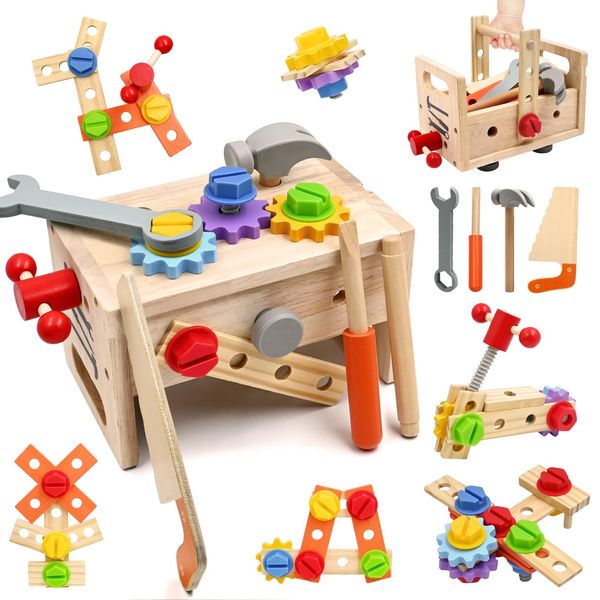 Wooden Tool Set for Kids, 29 Pcs Montessori Toddler Toys with Tool Box, Educational Pretend Play Learning Resources Construction Stem Kids Toys for Boy Girl 1 2 3 4 5 Years Old Birthday Gifts