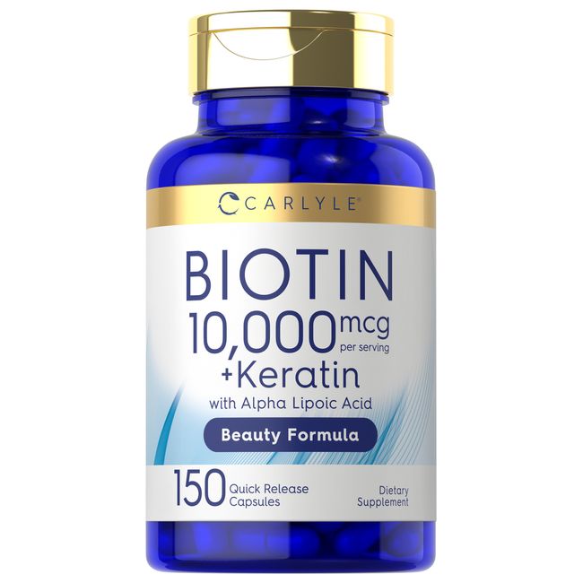 Biotin 10000 mcg | 150 Capsules | With Keratin & Alpha Lipoic Acid | by Carlyle