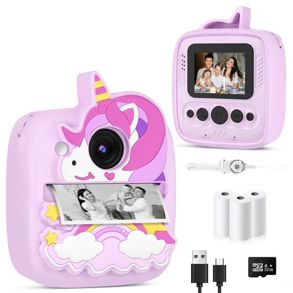 Kids Camera Instant Print, Christmas Birthday Gifts for Kids Age 3-8, 48MP &1080P Kids Digital Camera with Silicone Cover, Portable Toy Instant Camera for Kids 3 4 5 6 7 8 9 10 Year Old Girls