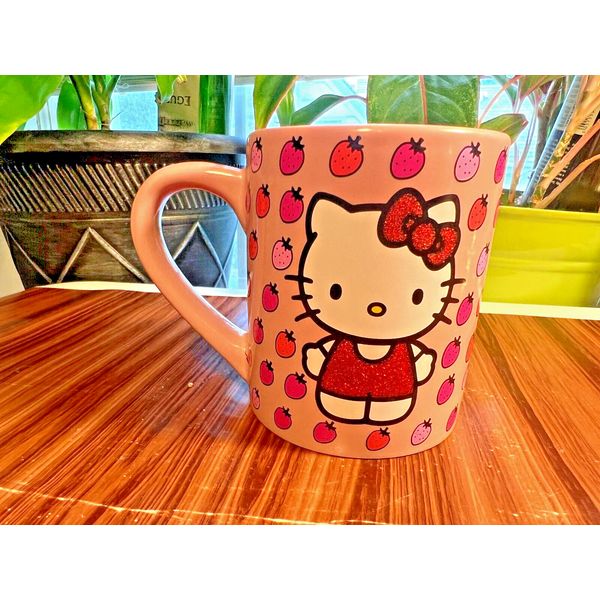 Hello Kitty Glitter Strawberry Ceramic Coffee Tea Mug 14 Oz Cup Sparkles Sanrio