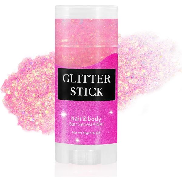 Go Ho Hot Pink Body Glitter Stick,Rave Festival Glitter Makeup,Rotating Mermaid Face Glitter Stick,Holographic Glitter for Face/Body/Hair/Eye,Sparkling Face Glitter Makeup Body Glitter for Women