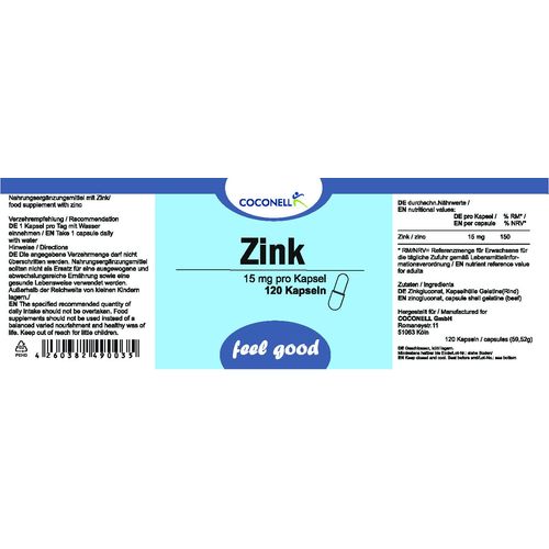 COCONELL Zinc Capsules - 120 Capsules with 15mg Zinc - 3 Month Pack