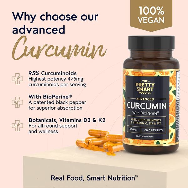 Powerful Curcumin 95 & BioPerine - Turmeric Capsules High Strength with Black Pepper - High Absorption 95% Curcuminoids - With D3, K2, Coconut & Botanicals - 60 Capsules (not tablets) - Made in The UK