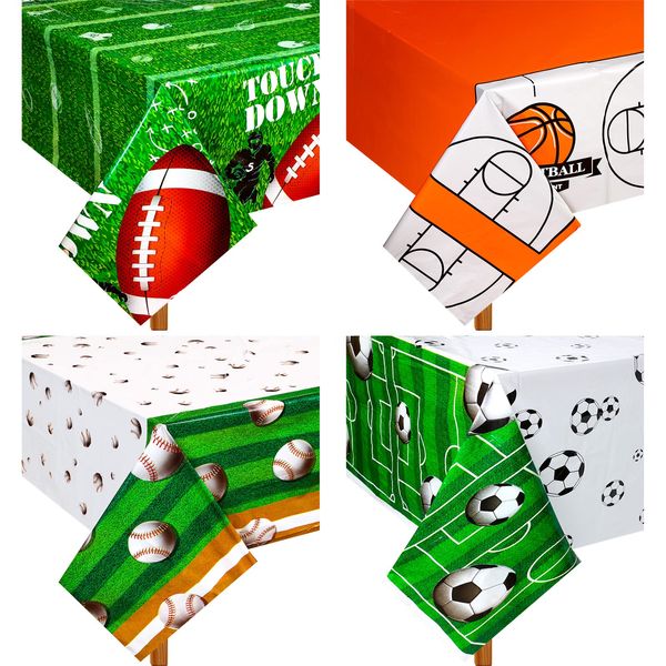 4 Pack Sports Themed Birthday Party Supplies Sports Party Tablecloths Include Baseball Soccer Basketball Football Plastic Table Cover Sports Ball Tablecloth for School Outdoor Party Decorations