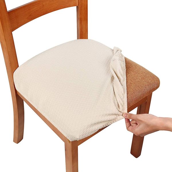 smiry Stretch Chair Seat Covers for Dining Room, Beige 6PC Jacquard Dining Chair Seat Cushion Protectors Chair Slipcovers