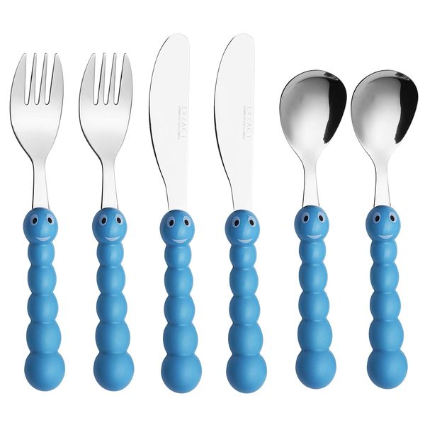 Exzact Children's Cutlery Stainless Steel 6pcs Set/Kids Cutlery/Toddler Utensils/Flatware - 2 x Forks, 2 x Safe Dinner Knives, 2 x Dinner Spoons (Caterpillar x 6)