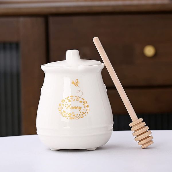 Kosmeey Ceramic Honey Jar with Wooden Honey Dipper-Honey Pot with Dipper- Honey Jar with Stand, Great Bee Decor- Farmhouse Kitchen Decor (Honey Jar-White)