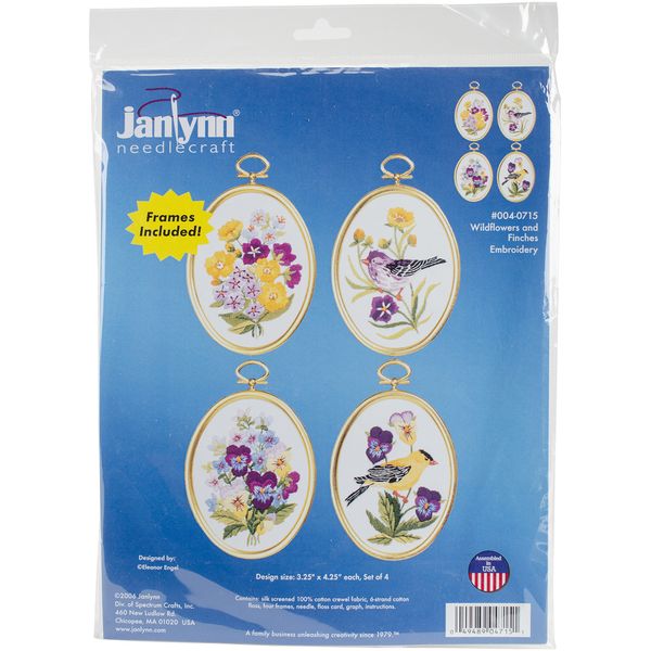 Janlynn Embroidery Kit 3.25"X4.25" Set of 4, Wildflowers & Finches-Stitched in Floss