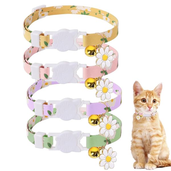4 Colorful Cat Collars with Bell - Adjustable Soft Flower Pattern for Kittens & Small Pets