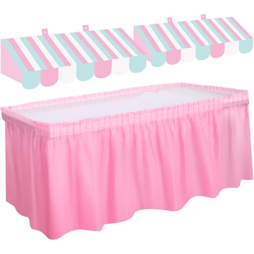 Tallew 3D Circus Awning Wall Decorations and Stripe Table Skirts Cardboard Awning Tent Decors for Doors Window Classroom Concession Room Carnival Circus Party Decorations (Pink Blue White,3 Pieces)