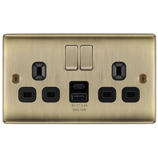 BG Antique Brass Double Socket with USB 12W Type A & Type C USB NAB22UAC12B