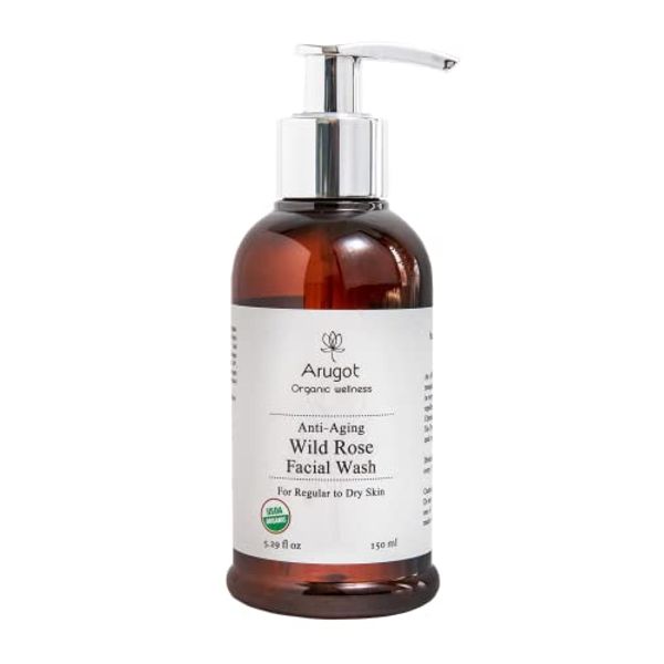 Arugot Organic (USDA Certified) Wild Rose Face Wash - Anti-Aging Intense Hydration & Moisture - Facial Cleanser for Age Spots, Dark Circles & Fine Lines - Makeup Remover - 5.1 FL Oz / 150 Ml