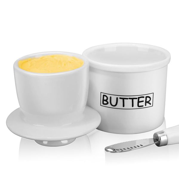 French Butter Crock, Butter Dish with Knife for Soft Butter-No more Hard Butter Anymore