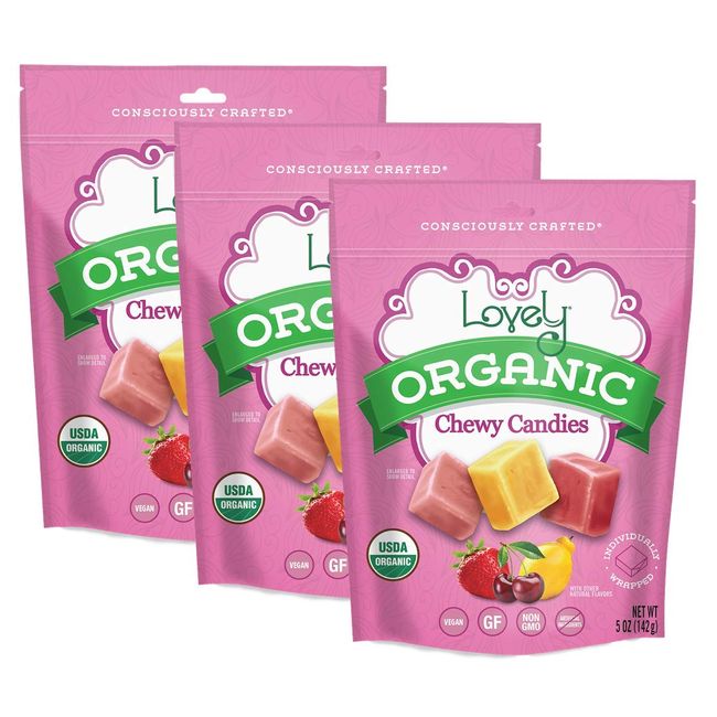 ORGANIC Chewy Candies (3 pack) - Lovely Co. 5oz Bag - Strawberry, Lemon & Cherry Flavors | NO HFCS, GLUTEN or Fake Ingredients, 100% VEGAN!