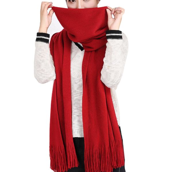 Wander Agio Women's Wraps Warm Long Scarves Winter Scarfs Pure Color Scarf Tassel Wine Red