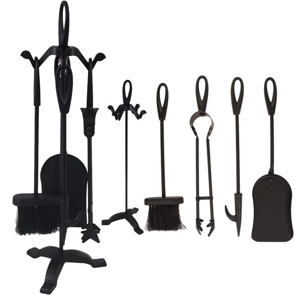 Almineez Traditional Companion Set 5 Piece Fireside Companion Tool Set Cast Iron Fireplace Wood Burner Coal Stove Accessories Set Broom, Shovel, Tong & Poker with Stand 5pc Decoration