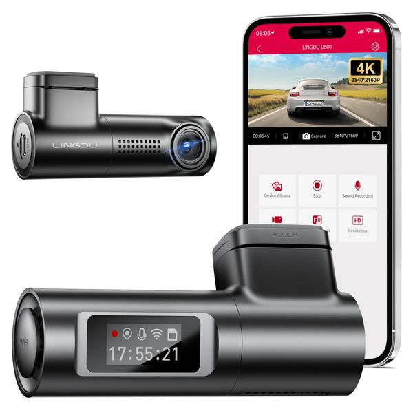 LINGDU 4K Dash Cam Front, WiFi Dash Camera for Cars, Built-in GPS, Car Camera Dash with 0.96" mini screen Parking Monitor, Super Night Vision, 170° Wide Angle, App Control, G-Sensor(D500)