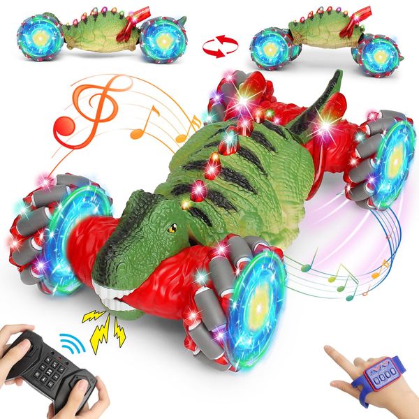 Yerloa Dinosaur Remote Control Car, Gesture Sensing RC Car for 6 7 8 9 10 Year Old Boy Birthday Gift, Dinosaur Toys for Kids Boy Girl 8-12, 2.4Ghz 4WD 360° Rotating RC Stunt Car with Lights & Music