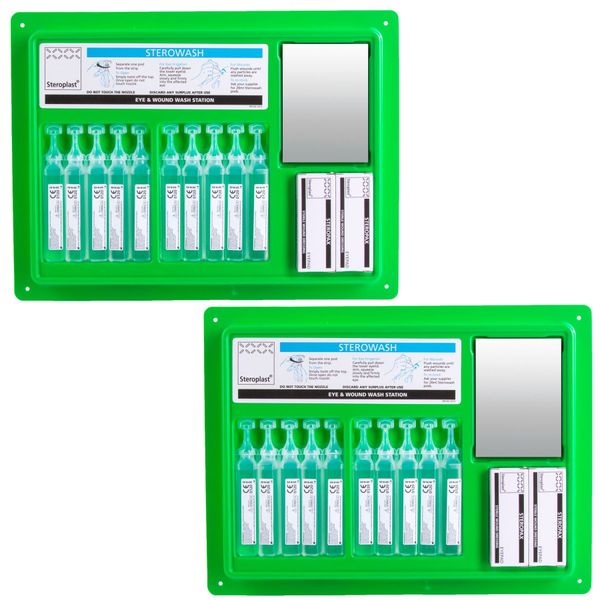 2x Sterile Eye Wash Pod Stations - Wall Mountable Work First Aid Kit