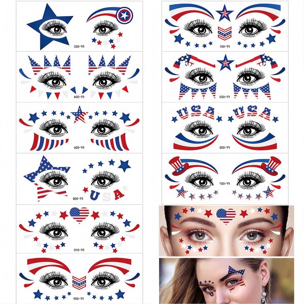 10 Sheets 4th of July Face Fake Tattoos Patriotic Temporary Tattoos for Kids Adults Red White Blue USA Flag Star Hat Heart Tattoo Kit Independence Day Parade Party Eye Makeup Face Decor Supplies