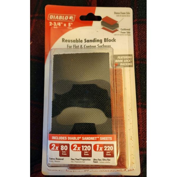 Diablo 2¾" x 5" Reusable Sanding Block w/Sandnet Sheets Grits 2-80, 2-120, 1-220