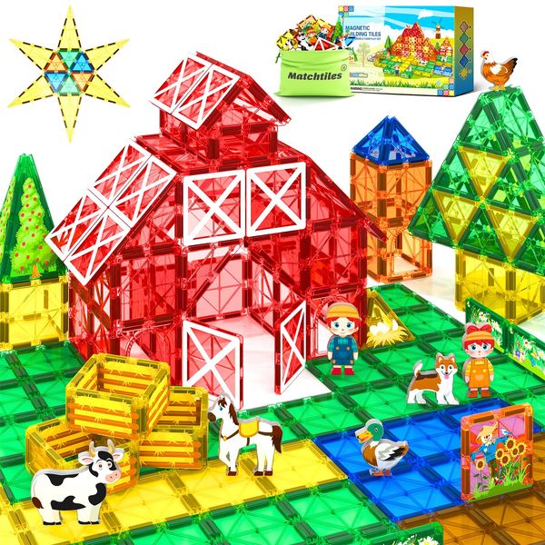 Magnetic Tiles Toys with Farm Animals for 3+ Year Old Toddler, Magnetic Blocks Building Toys for Kids Ages 3-5 5-7 Girls Boys, Classroom Must Haves Preschool Learning Outdoor Toys