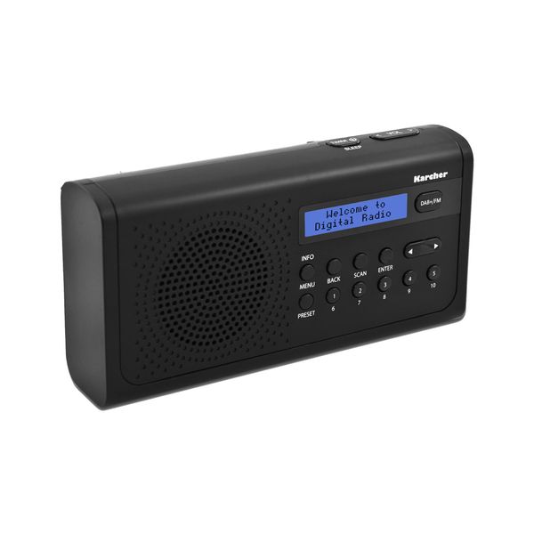 Karcher DAB 2405 - tragbares DAB+ Radio (DAB+/UKW, Küchenradio mit Netz/Akkubetrieb, Lautsprecher, Kopfhöreranschluss, Wecker, LCD-Display, kleines Digitalradio, batteriebetrieben, schwarz)