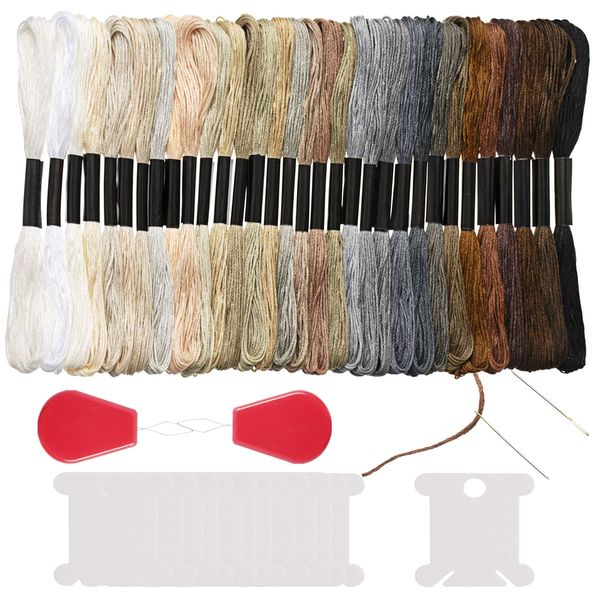 Peirich 32 Skeins Black to White Gradient Grey Brown Embroidery Floss, Cross Stitch Threads Friendship Bracelets Floss with 12 Floss Bobbins, 2 Embroidery Needles and Needle Threader