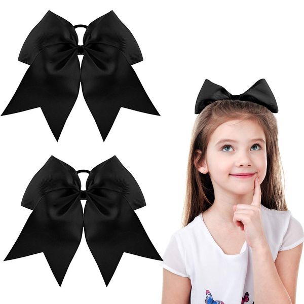 2 Packs Jumbo Cheerleading Bow 8 Inch Cheer Hair Bows Large Cheerleading Hair Bows with Ponytail Holder for Teen Girls Softball Cheerleader Outfit Uniform (Black)