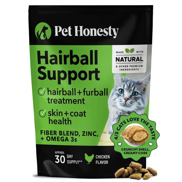 Pet Honesty Cat Hairball Support Chews, Hairball Remedy Cat Treats, Cat Furball Treatment, Supports Skin & Coat, Digestion, Cat Vitamins & Supplements & Hairball Medicine, Chicken (30-Day Supply)