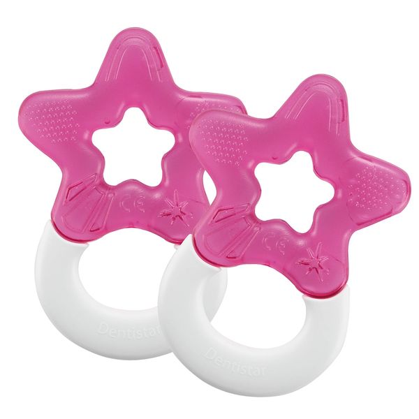 Dentistar® Cool Teething Star Pack of 2, Teething Baby Toy for Infants Aged 3+ Months, Soft Silicone Baby Teething Ring for Tooth and Gum Pain Relief – Pink 