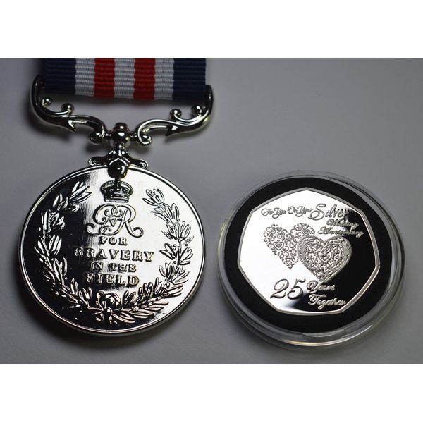 Beautiful 25th SILVER WEDDING ANNIVERSARY Commemorative & Capsule with 'Bravery in the Field' Service Medal! Gift/Present 25 Years Together 999 Silver