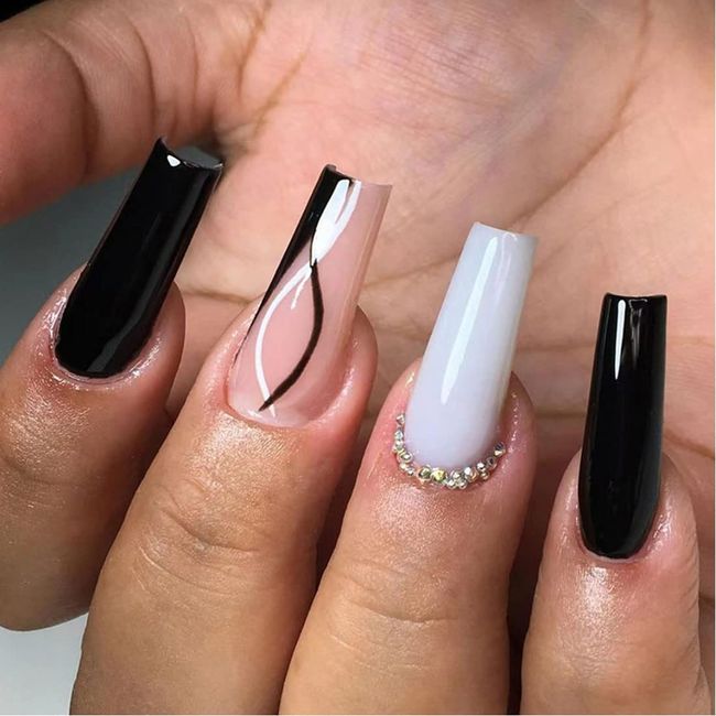 24 PCS Coffin Long Press on Nails Black White Fake Nails Rhinestone Fake Nails Line Design Fake Nails Ballerina Fake Nails for Women and Girls Nail Art Decoration